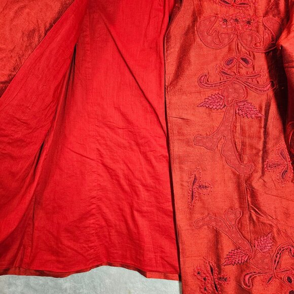 Chico's Womens m Silk Embroidered Red Jacket Coat Career Part Open Business - Picture 9 of 14